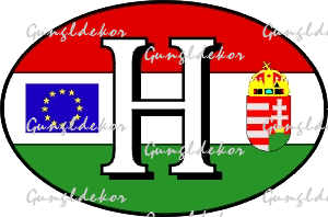 Zászlós H betűs matrica tábla, piros-fehér-zöld háttéren fehér H betű, magyar címer és EU s logo