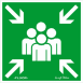 Utánvilágítós tábla, zöld háttér, középen ember piktogramok, 4 sarokban meg középre mutató nyilak