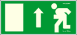 Utánvilágítós tábla, zöld háttér, felfelé mutató nyilas menekülési irány, baloldalt ajtó, jobboldalt menekülő ember