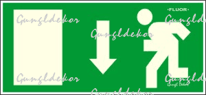 Utánvilágítós tábla, zöld háttér, lefelé mutató nyilas menekülési irány, baloldalt ajtó, jobboldalt menekülő ember