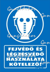Fejvédő és légzésvédő használata kötelező tábla matrica, kék alapon fehér szöveg, fejvédő és légzésvédős ember