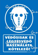 Védősisak és légzésvédő használata kötelező tábla matrica, kék alapon fehér szöveg, maszk és sisakos fej piktogram