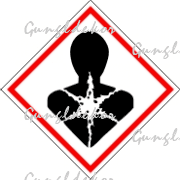 CLP GHS Egészségre veszélyes anyag piktogram, élére állított négyzet piros szegéllyel, benne fekete átégetett emberi alak