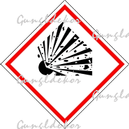 CLP GHS Robannásveszélyes anyagok, élére állított négyzet piros szegéllyel, benne fekete robbanás piktogram