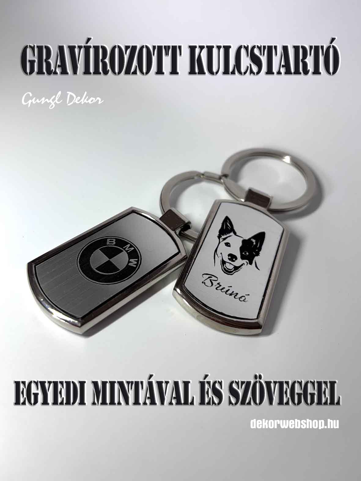 Gravírozott fém kulcstartó egyedi szöveggel és logóval