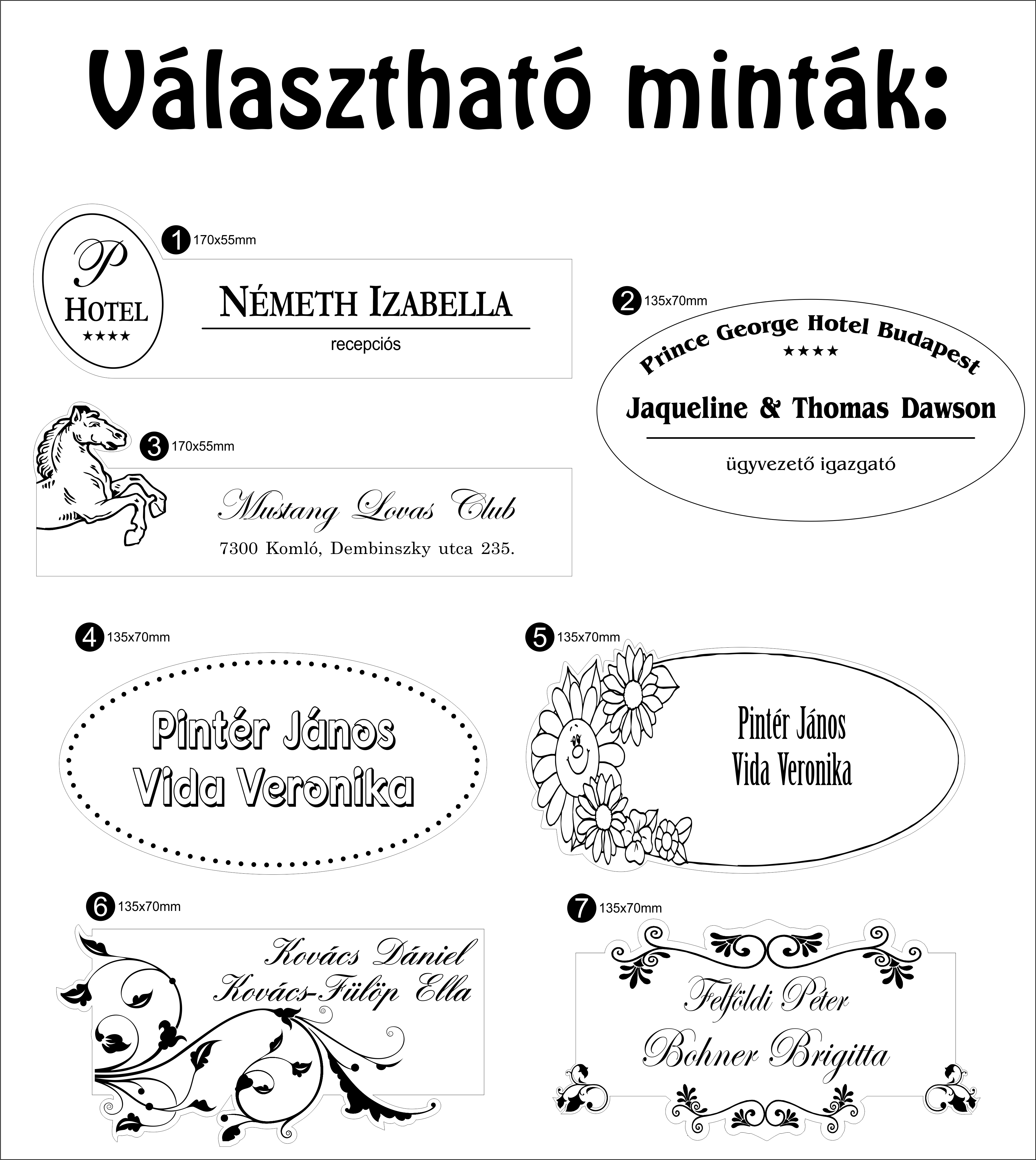 Gravírozott irodai névtábla körbevágott figurával, képpel vagy logóval