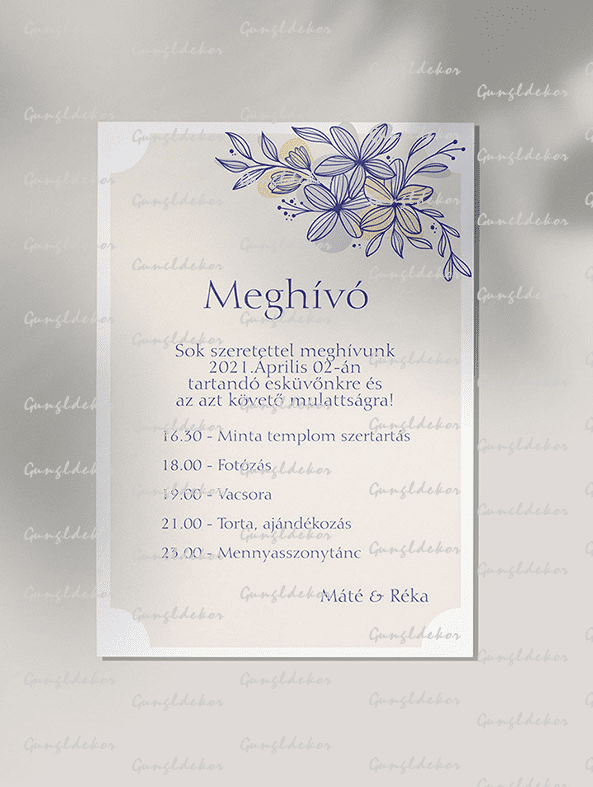 Meghívó egyoldalas kék bézs virágos design-nal egyedi szöveggel nyomtatva