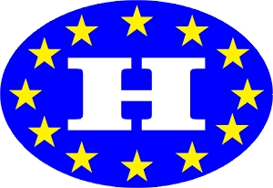 H betűs euro matrica, ovális kék alapon sárga csillagok, fehér H betű