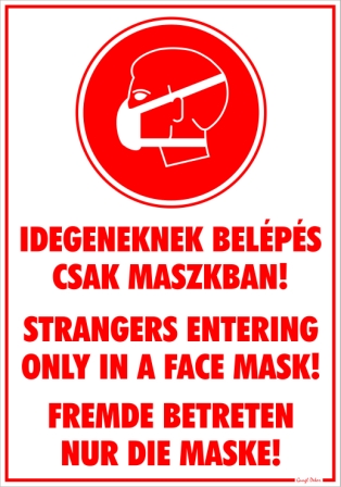 Idegeneknek belépés csak maszkban! Többnyelvű piktogramos tábla matrica