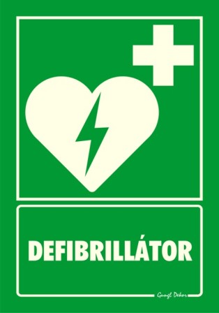 Defibrillátor piktogram felirattal, fluor utánvilágító anyagból tábla matrica