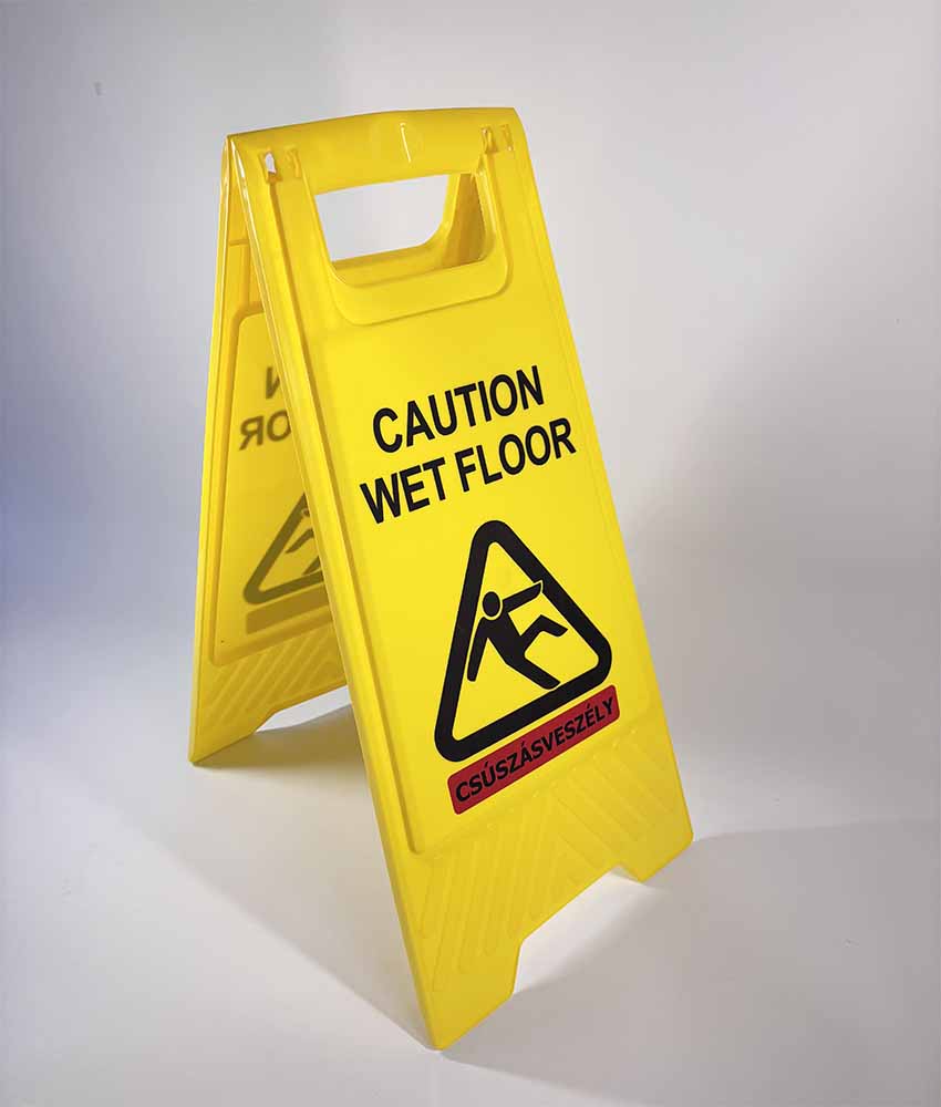 Csúszásveszélyre figyelmeztető (Caution wet Floor) kinyitható sárga műanyag tábla magyar és angol szöveggel