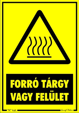 Forró tárgy vagy felület tábla matrica, sárga alapon fekete felirat, és gőzölgő piktogram