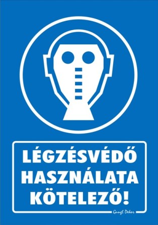 Légzésvédő használata kötelező tábla matrica, kék alapon fehér szöveg, maszkos fej piktogram