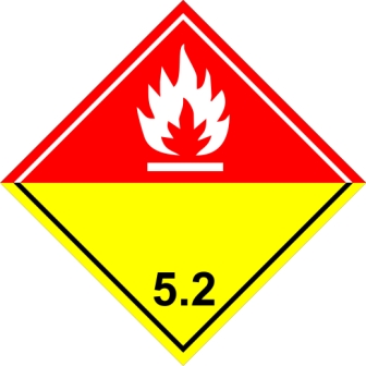 ADR 5.2 bárca Szerver peroxidok  piros alapon fehér , piros-sárga élére állított négyzet, tűz piktogrammal