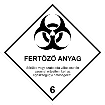 ADR 6.2 bárca Fertőző anyagok, fehér alapon fekete szöveg, élére állított négyzet, fertőző anyag piktogrammal