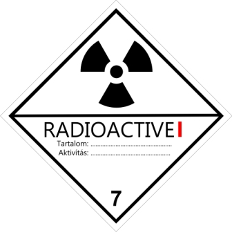 ADR 7A bárca Radioaktív anyagok, fehér élére állított négyzet, radioaktív piktogrammal