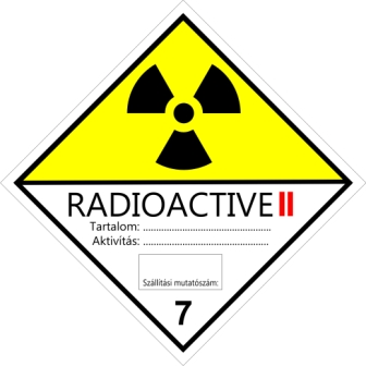 ADR 7B bárca Radioaktív anyagok, fehér-sárga élére állított négyzet, radioaktív piktogrammal