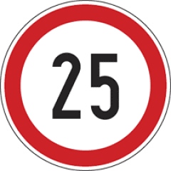 Szállítási jelzés, 25 km/h matrica, piros kör benne 25 ös felirat