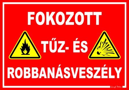 Fokozott tűz- és robbanásveszély piktogramokkal piros alapon tábla matrica