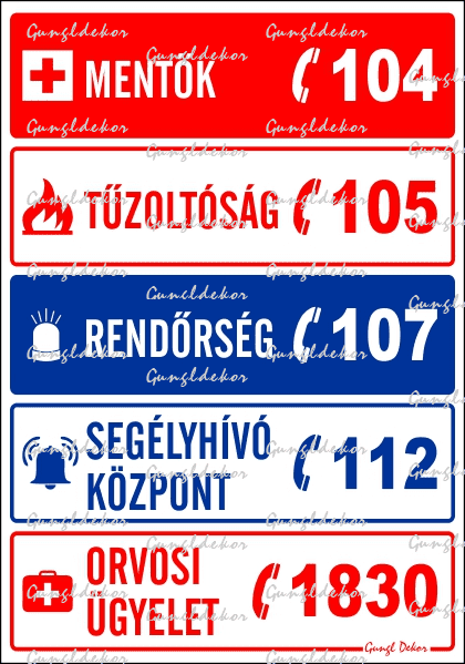 Mentők tűzoltóság rendőrség segélyhívószámok orvosi ügyelet tábla matrica