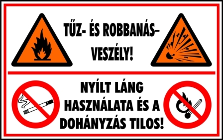 Tűz és robbanásveszély! Nyílt láng használata és a dohányzás tilos feliratú tábla piktogramokkal