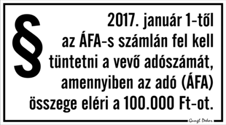 Adószám kötelező tábla matrica, fehér alapon fekete szöveggel, paragrafus piktogrammal