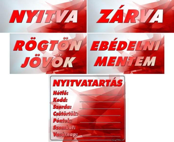 Kreatív nyitvatartásos táblacsomag, modern piros-fehér háttérrel