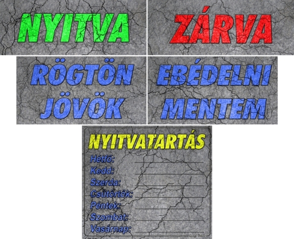 Kreatív nyitvatartásos táblák, repedezett kő felület hatású háttérrel
