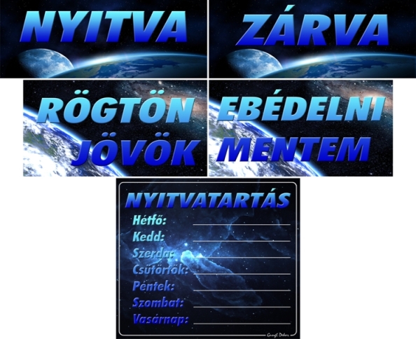 Kreatív nyitvatartásos táblák, világűr témájú háttérrel