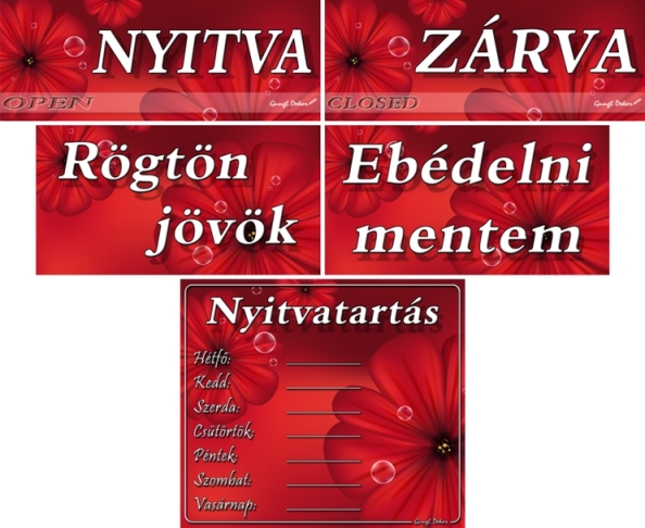 Kreatív nyitvatartásos táblák, piros virágos háttérrel