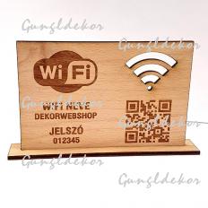 Szállodai WIFI fa gravírozott tábla egyedi logóval, szöveggel, qr kóddal