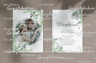 Meghívó kétoldalas zöld virágos design-nal egyedi szöveggel nyomtatva