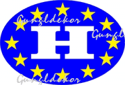 H betűs euro matrica, ovális kék alapon sárga csillagok, fehér H betű