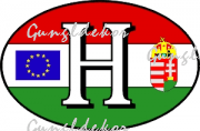 Zászlós H betűs matrica tábla, piros-fehér-zöld háttéren fehér H betű, magyar címer és EU s logo