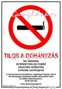 Tilos a dohányzás kormányrendelet alapján 5 nyelven tábla matrica, fehér alapon áthúzott cigaretta, 5 nyelven ráírva