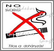 Tilos a dohányzás kis matrica, fehér alapon fekete szöveg, pirossal áthúzva