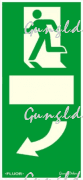Utánvilágítós tábla, zöld háttér, álló kivitel kilincshez, balra futó ember az ajtóban , alatta balra forgó kilincs piktogram