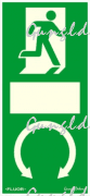 Utánvilágítós tábla, zöld háttér, álló kivitel kilincshez, jobbra futó ember az ajtóban , alatta mindkét irányba forgó kilincs piktogram