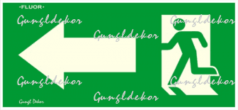 Utánvilágítós tábla, zöld háttér, baloldalt balra mutató nyíl, jobboldalt balra futó ember az ajtóban