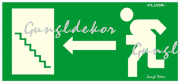 Utánvilágítós tábla, zöld háttér, balra futó ember a lépcsős kijárathoz