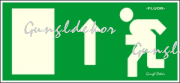 Utánvilágítós tábla, zöld háttér, felfelé mutató nyilas menekülési irány, baloldalt ajtó, jobboldalt menekülő ember