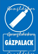 Gázpalack tábla matrica, kék alapon fehér szöveg, gázpalack piktogram