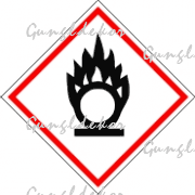 CLP GHS Égést tápláló anyag piktogram, élére állított négyzet piros szegéllyel, benne fekete égő tárgy