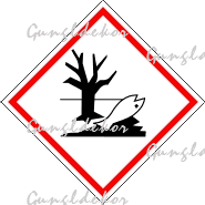 CLP GHS Környezeti veszély piktogram, élére állított négyzet piros szegéllyel, benne meghalt fa és hal