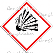 CLP GHS Robannásveszélyes anyagok, élére állított négyzet piros szegéllyel, benne fekete robbanás piktogram