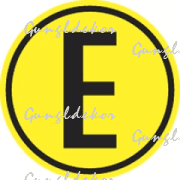 Szállítási jelzés, sárga körben fekete E betű
