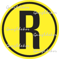 Szállítási jelzés, sárga körben, fekete R betű