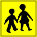 Iskolabusz, gyermekszállítás fényvisszaverős tábla matrica, sárga alapon sétáló emberek feketével