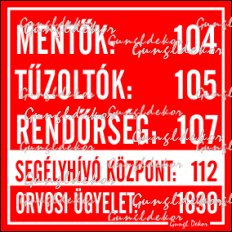 Mentők 104 tűzoltók 105 rendőrség 107 segélyhívó központ 112 orvosi ügyelet 1830 kis matrica