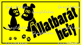 Állatbarát hely kutyával macskával tábla matrica, sárga alapon fekete színben